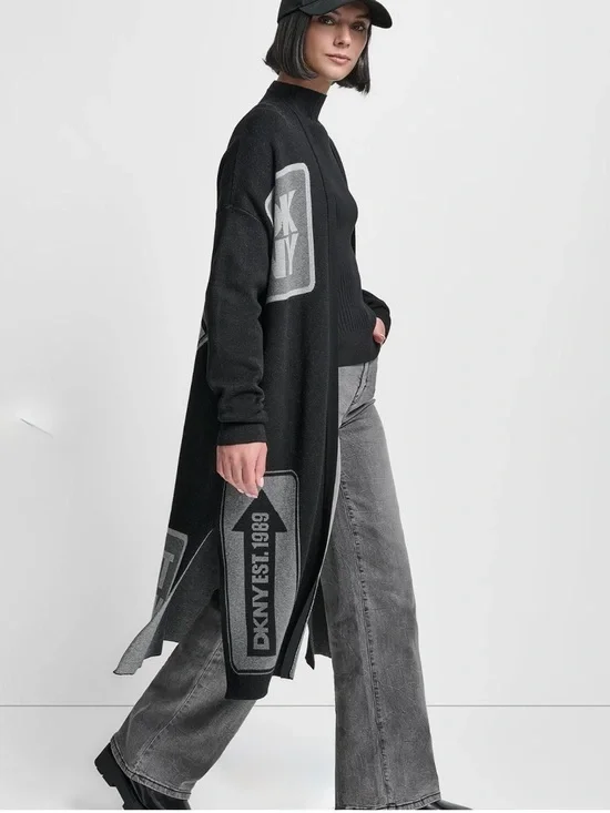 DKNY Black Oversized Patch Logo Cardigan Longline Duster Sweater Size M/L NWOT - Picture 3 of 10